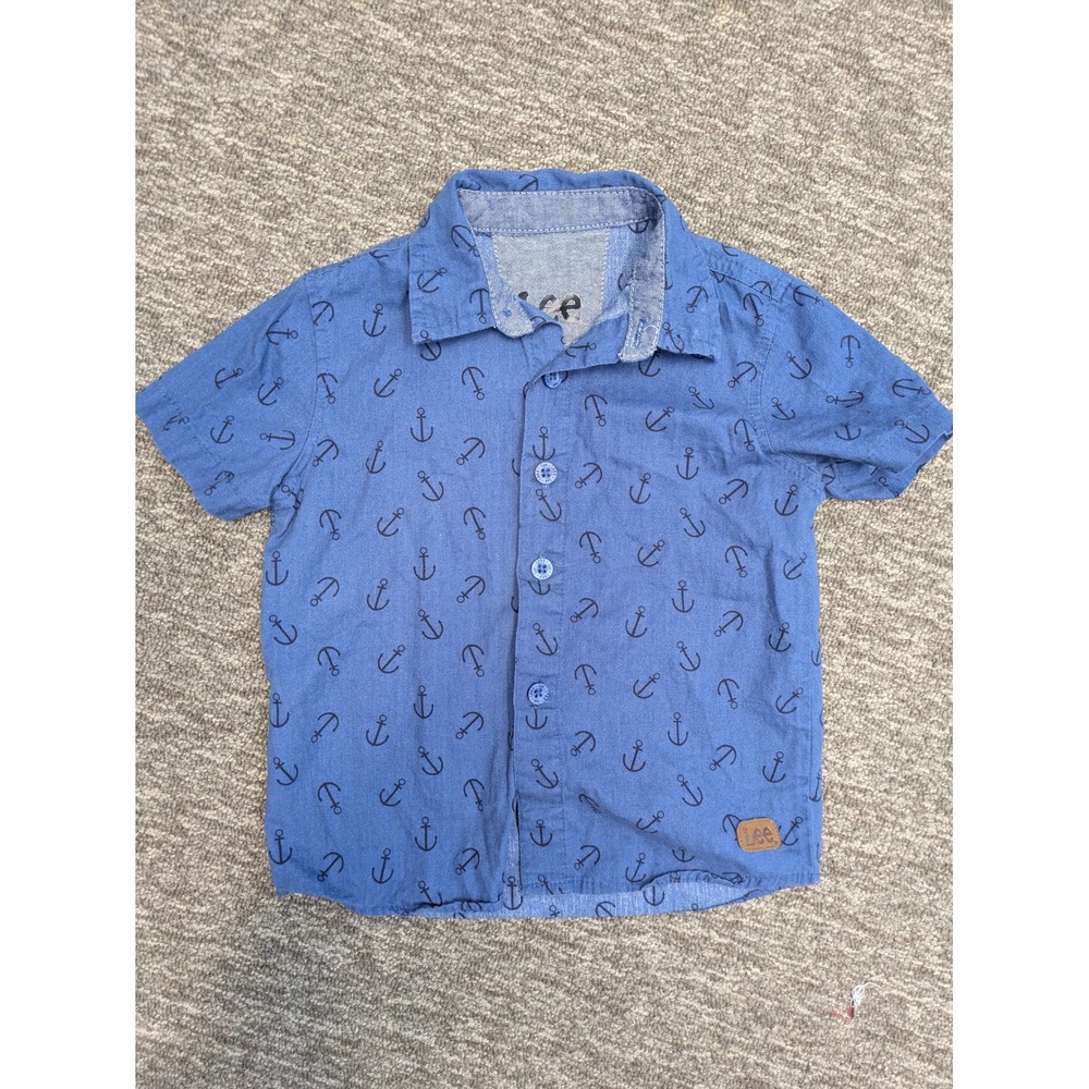 Lee Button Down Shirt Kid's 24M Blue Short Sleeve Anchor Print Nautical Logo
